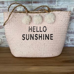 Natural woven tote bag with “Hello Sunshine” message
